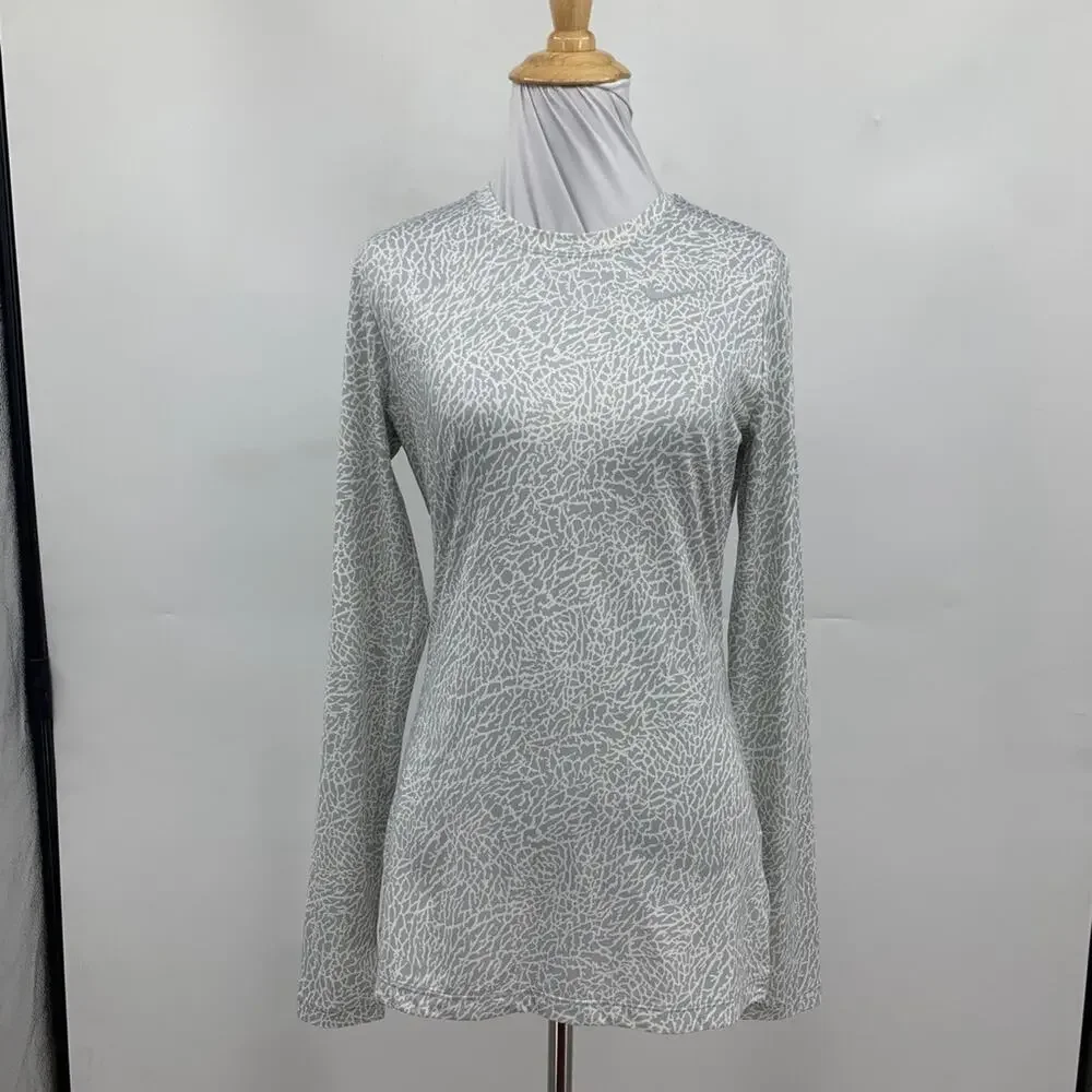 Nike Top Womens Small Gray White Golf Dri Fit Crew Neck Base Layer UV Protect